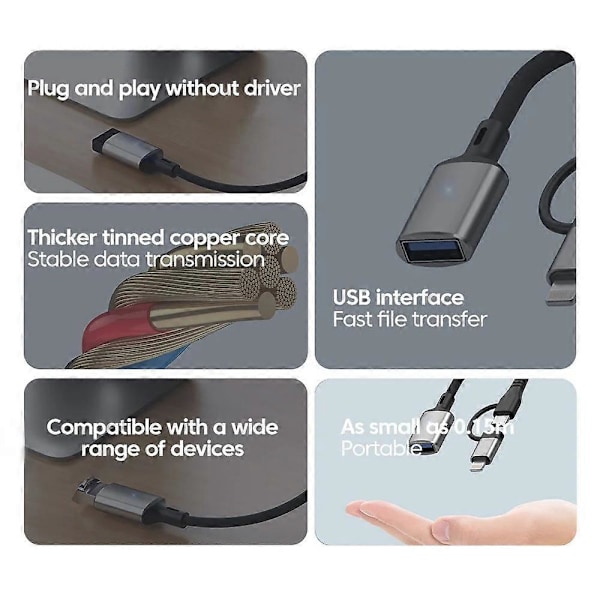 JS-112 2-in-1 Type-C/Lightning uros-USB naaras OTG-sovitinkaapeli, 0,15 m - Musta