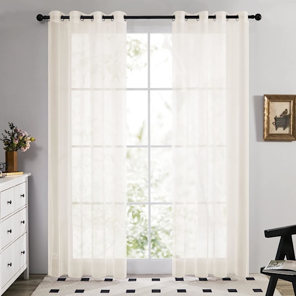 Sæt med 2 transparente gardiner med 8 øjer, beige 140x240cm, transparente gardiner til stue og køkken