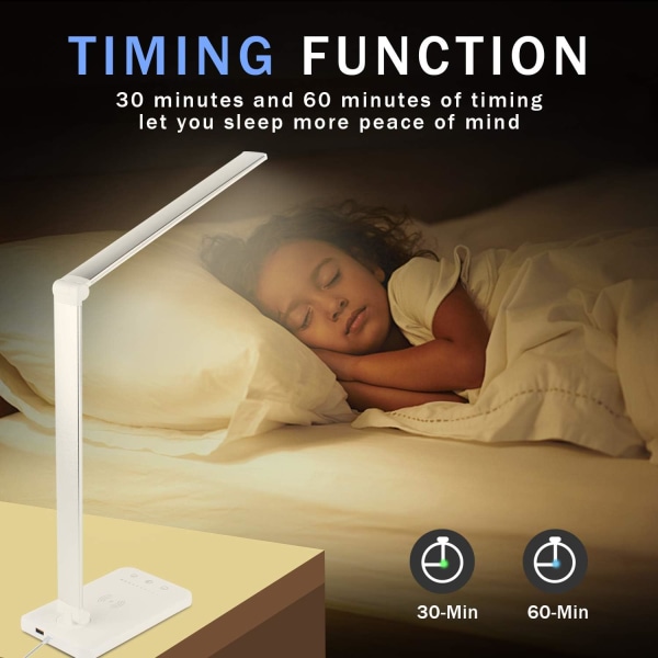 LED-bordslampa, dimbar skrivbordslampa 7,5W trådlös laddning och läslampa för USB laddningsport, ögonskydd, 5 ljusstyrkanivåer, 5 färglampor