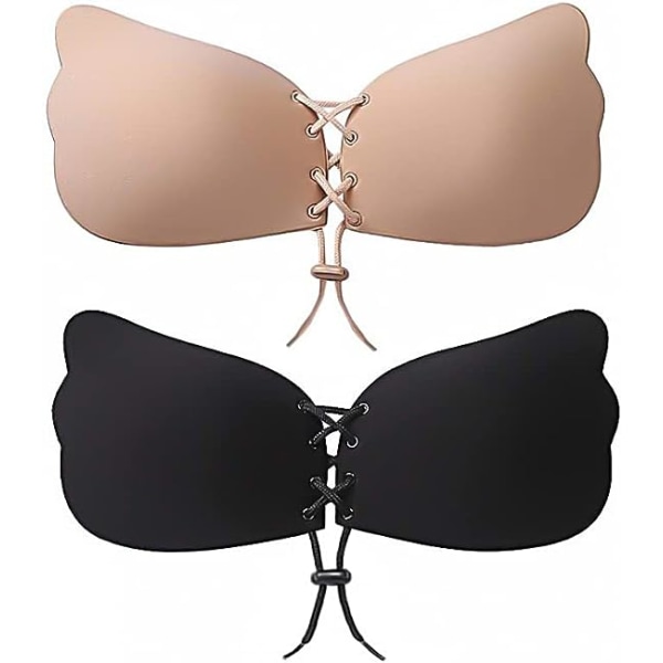 Kvinnors osynliga axelbandslösa rygglösa behå, 2-pack återanvändbar självhäftande push-up behå självhäftande behåar med hudvänligt lim, storlek: C