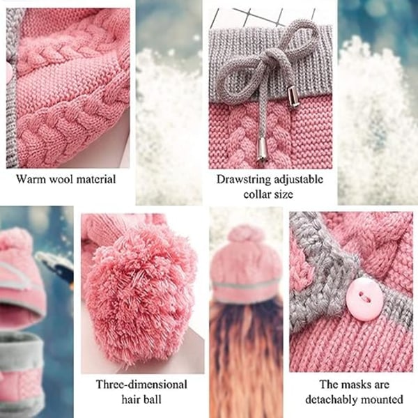 Mössa och halsduk set, rosa stickad vinter bobo hatt halsduk, vindmask, varm kostym