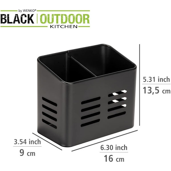 Bestikkskuff, svart utendørs kjøkkenkurv, laget av svart pulverlakkert metall, for servise, 16 x 13,5 x 9 cm