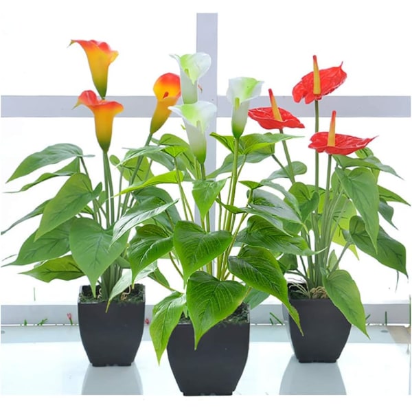 Kunstig blomst falske planter Calla Lily Faux lille potteplante med potte falsk Bonsai blomst til hjemmet kontor (hvid)