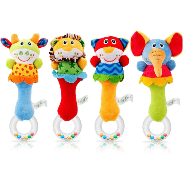 Baby Soft Rattle Sensory Toys - 4 Pack Newborn Plush Rattle Animal Grip Set with Teeth Rings Early Learning Toys for Toddlers 0 - 12 Months