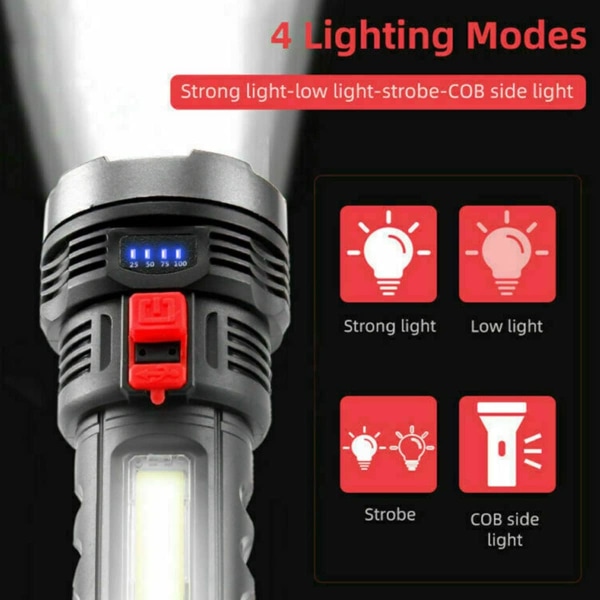 LED ficklampa Superbright USB uppladdningsbar ficklampa med 4 ljuslägen Vattentät