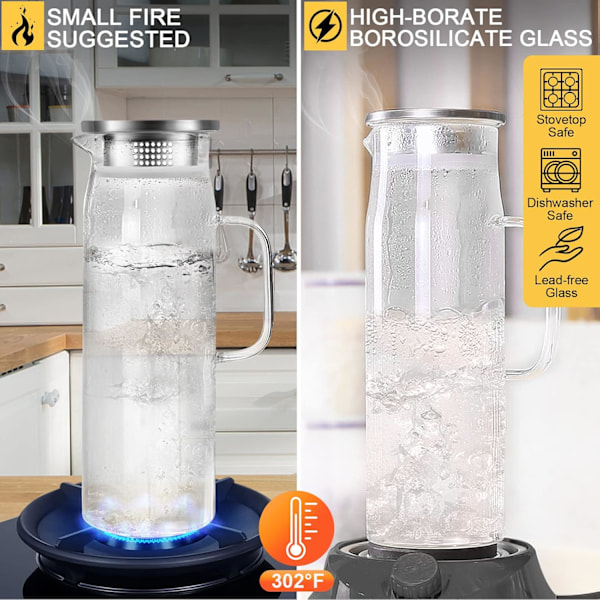 Vandkande, Glaskande, Glasbeholder med låg og håndtag - 1,5 liter