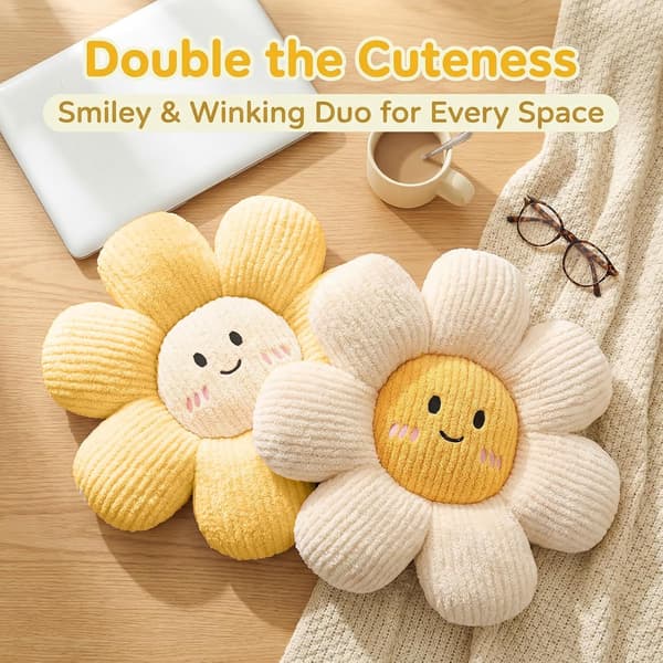 2 st Smiley Face Blomkuddar Vit och Gul Golvkudde Sittdyna, Vit och Gul White and Yellow
