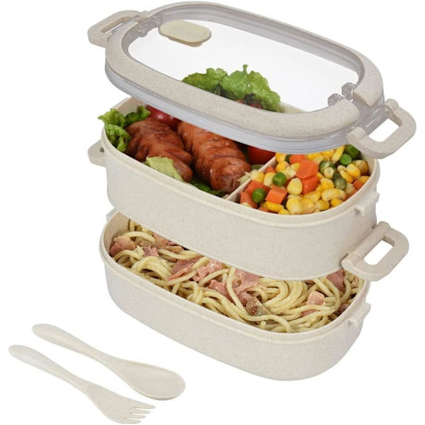 Lunchboks med 3 rom og gratis bestikksett (Beige - 2 lag)