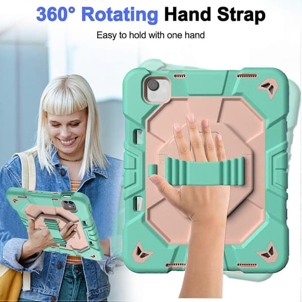 Fodral för iPad Pro 11 (2024) med Stöd Handledsrem PC+Silikon Tablet Skydd - Grön+Rosa