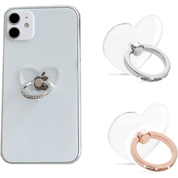 Transparent Mobiltelefon Ringholder, 2 stk. Telefonstativ, 360 Graders Rotasjon Hjerte med Diamant Mobiltelefon Ringstøtteholder