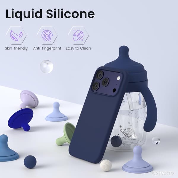 iPhone 17 Pro skal, premium flytande silikonskal, mjukt cellulärt gummi, repfritt mikrofiberfoder, stöttåligt skal, mörkblå