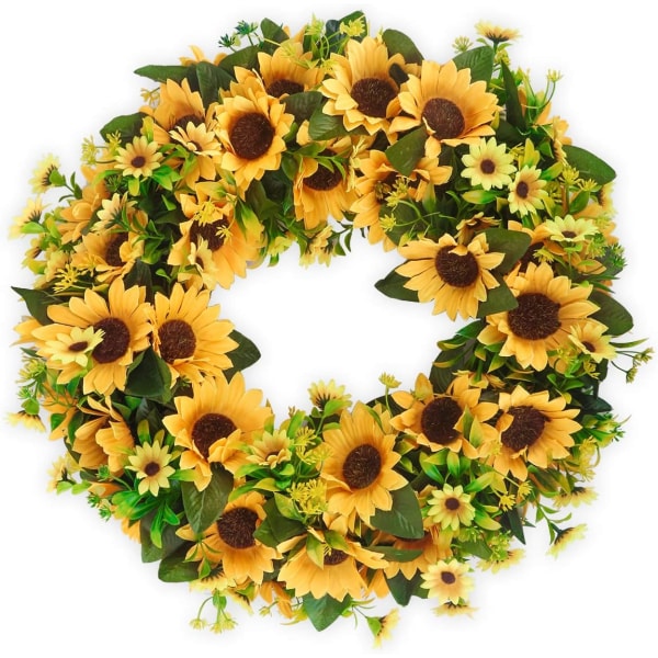 Artificial Sunflower Wreath 45CM Summer Fall Large Wreaths Springtime Around Flower Green Leaves