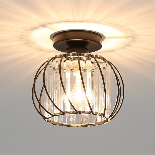 Mini Rund Semi Indbygget E27 Loftslampe, Krystal Loftslampe til Soveværelse Køkken Spisestue Gang Indgang (Sort)