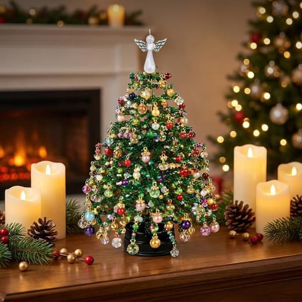 DIY Perle Juletræssæt, 3D Julehåndværk med Lys, Bordplade Perle Juletræ, LED Lys, C C