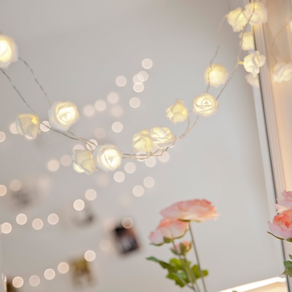 White Rose String Fairy Lights Sovrumsdekoration 10 varma vita lysdioder Batteridriven inomhusbruk 5 fot