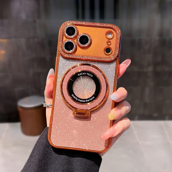 Magneettinen jalusta iPhone 18 Pro Max -suojakuorelle, kimalteleva glitter-kortti, oranssi Orange iPhone18PROMAX