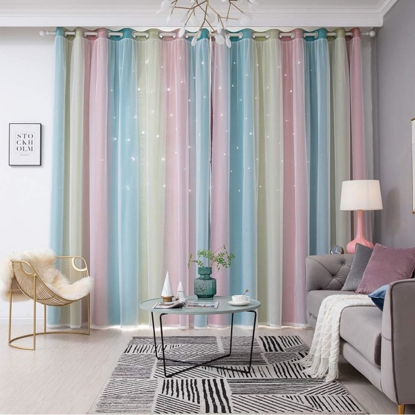 1 Panel  Stars Blackout Curtain,Rainbow Double Layer Star Grommet Window Curtains