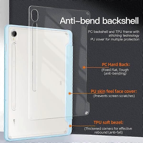 Skyddande tablettfodral för Samsung Galaxy Tab S9, vikbart stativ, PC+TPU+PU, genomskinligt bakre flipfodral