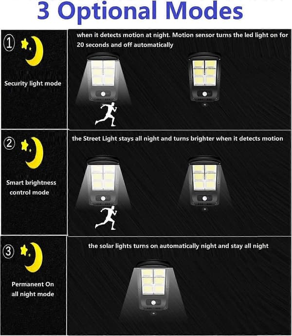 Utendørs solcellelampe, 6000LM LED-lys Flomlys Bevegelsessensor 3 moduser IP67 Vanntett (1 stk)