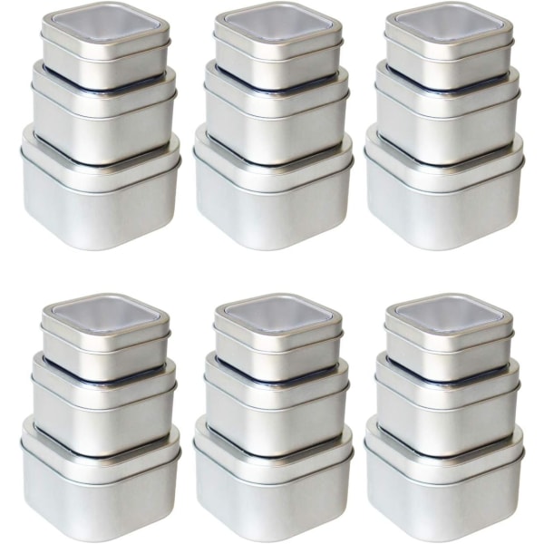 18-pack tomma fyrkantiga silvermetallburkar med genomskinligt fönster för ljustillverkning, godis, presenter och skatter, blandade storlekar