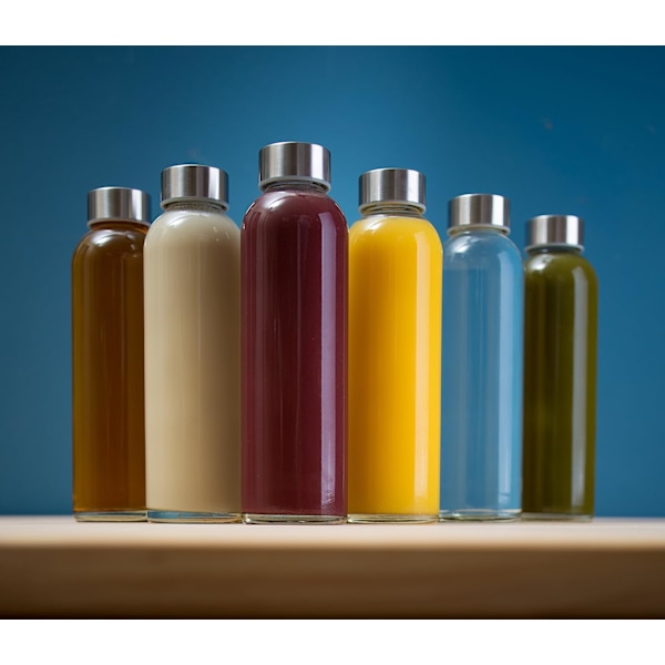 Glasklare glasflasker med låg | Naturlige BPA-fri, miljøvenlige, genanvendelige og genopfyldelige vandflasker til juicing, 18 oz vandflaskesæt med 6