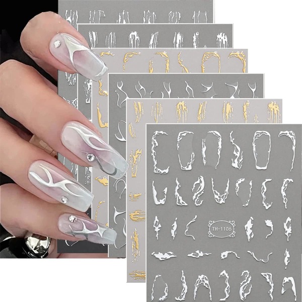 9 ark Metallic Silver Nail Art Stickers 3D Guld Sølv Uregelmæssig Fransk Stribe Linje Negle Decals Selvklæbende Marmor Negle Art Stickers