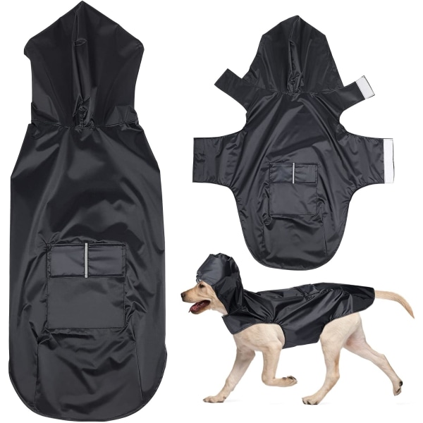 Regnjacka med huva för medelstora hundar, reflekterande poncho med selehål och fickor, regnjacka (svart, 5XL)