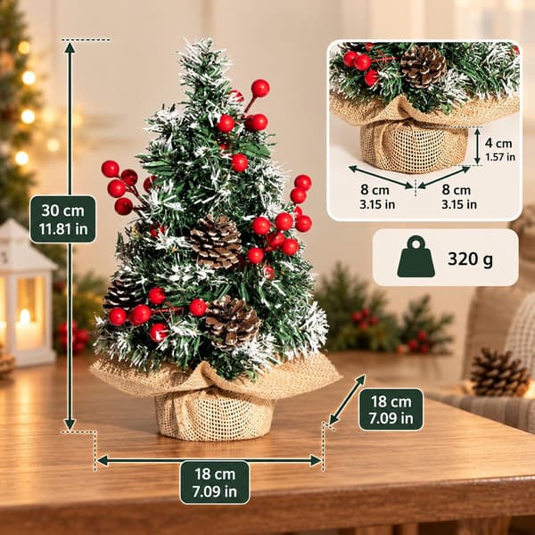 30CM Mini Julgran Bordsdekoration för Hemmakontor, Snöflockad Tallprydnad för Semesterfest