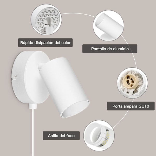 LED Vægslampe Sort - GU10 Vægskænke med Kabelprop og Afbryder Industriel Vægslampe Justerbar, til Soveværelse Gang (Uden Pærer) Blanco