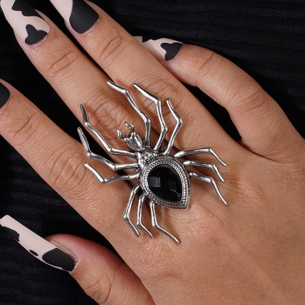 Ring för kvinnor Vintage Knuckle Ring Black Rhinestone Finger Ring Silver Extra Big Spider Ring