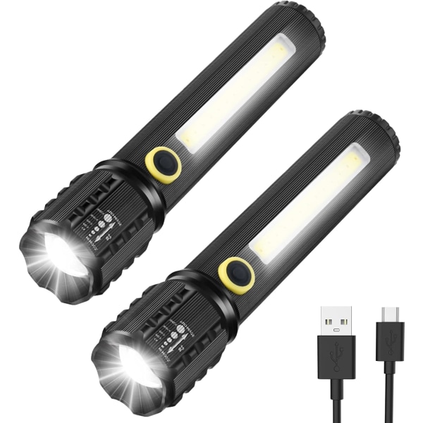 Taktisk LED-fackla, 2-pack bärbar ficklampa 3 lägen, justerbar och zoombar ljus ficklampa, 14 cm svart