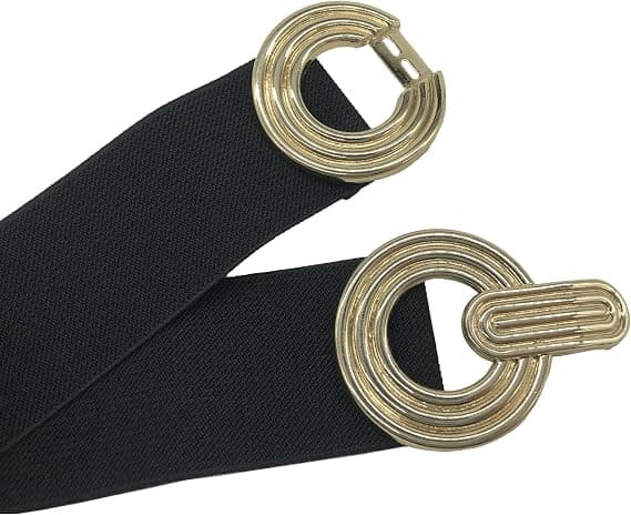 Dame elastisk taljebælte, 5 cm bredt strækbælte med guld dobbeltring legeringsspænde, strækbart behageligt stof, sort Black