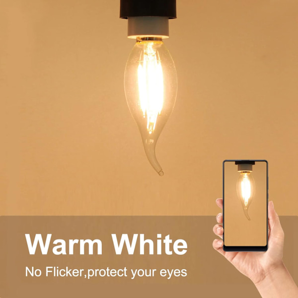 Pakke med 10 4W E14 LED Filament Pære Flammelys 2700K Varm Hvid, 360° Strålevinkel, Ikke-Dæmpbar [Energiklasse F]