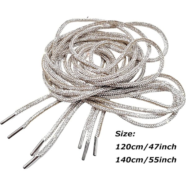 Pakke med 2 rhinsten glitter reb runde skolisser, glitrende diamant reb stropper, bling bling skinnende runde skolisser 120cm