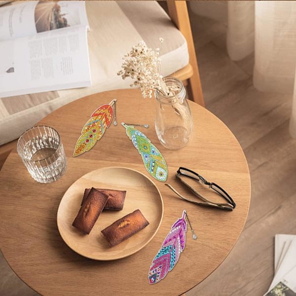 6 st 5D Diamantmålning Bokmärke Fjäderform Rhinestone Bokmärken Full Borr Kristall DIY Ritning efter Nummer Broderi för Konst Hantverk Present