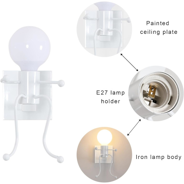 Menneskeformet kreativ innendørs vegglampe, moderne retro stil svart vegglampe, E27 lysestake vegglampe (hvit)