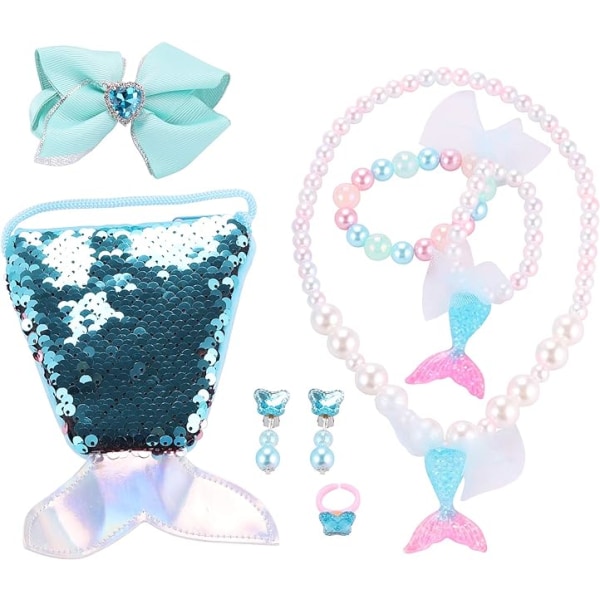 7 Piece Kids Jewelry Set New Necklace Set Cute Cartoon Sequin Mermaid Handbag Bracelet Ring Earrings Hair Clip Set Party Favor