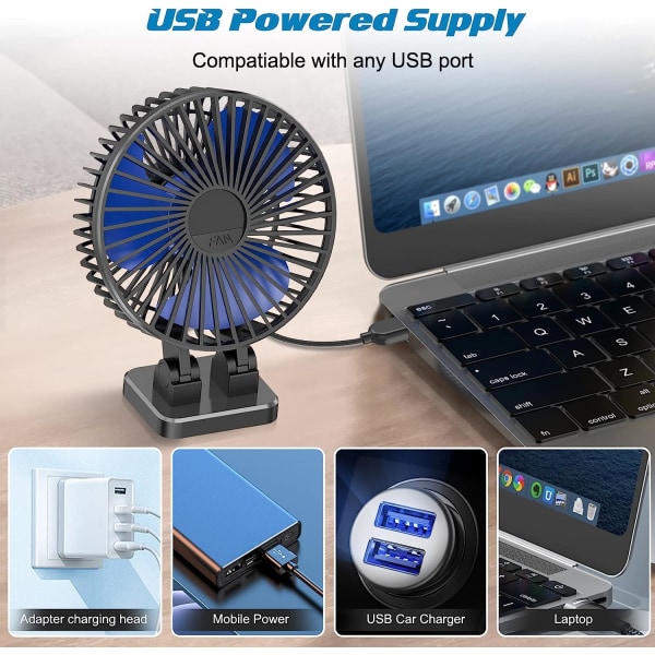 USB fläkt för skrivbord, liten surfplatta, fläkt med huvudrotation Stark Wind Desktop-kylfläkt, mini-personlig fläkt för kontorsbord hemma, svart blå