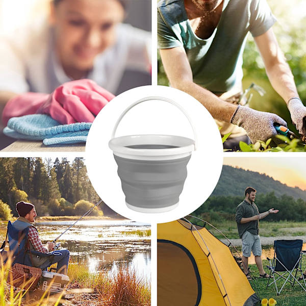 10L hopfällbar hink, kompakt och utrymmesbesparande design, inomhus- och utomhusbruk, liten hink för hushållsrengöring, bilar och camping, grå