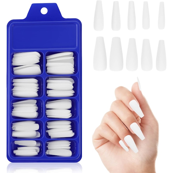 Matte Akryl Falske Negler Tips Kit Set 100 Stykker Falske Fingernegler Forlengelse Lang  Kiste Ballerina Full Dekning DIY Dekorasjoner white