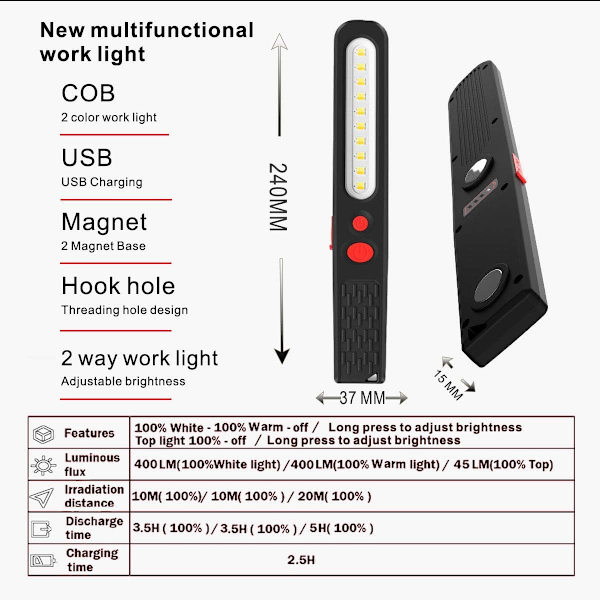 Genopladelig LED-arbejdslampe, dobbelt farvekombinationslys 2-i-1 inspektionslys og 3W COB LED-lommelygtelys med dobbelt magnet