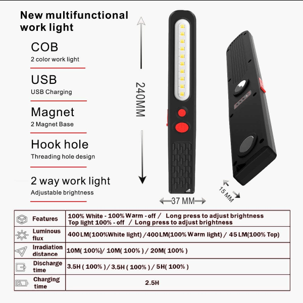 Oppladbar LED arbeidslampe, to-farget kombinasjonslys 2-i-1 inspeksjonslys og 3W COB LED lommelyktlys med dobbel magnetisk