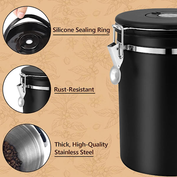 1500ML Kaffebeholder til formalet kaffe, kaffebønnebeholdere, lufttæt kaffebeholder med ske, sort