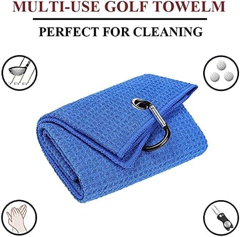 2-pack Tri-fold golfhanddukar, premium mikrofibertyg våffelstruktur med svart kraftig karbinhake