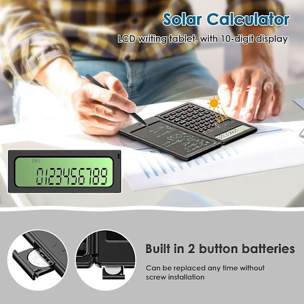 Slank videnskabelig lommeregner med 6 tommer sletbar LCD-skriveblok, foldbar lommeregner, solbatteri