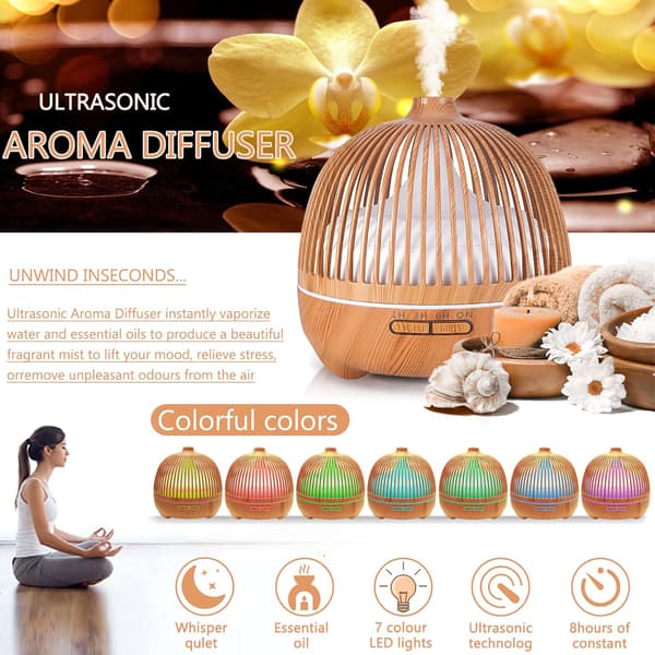 Æterisk oliediffuser, 550 ml ultralyd luftfugter aromaterapi diffuser med 7 farver LED-lys