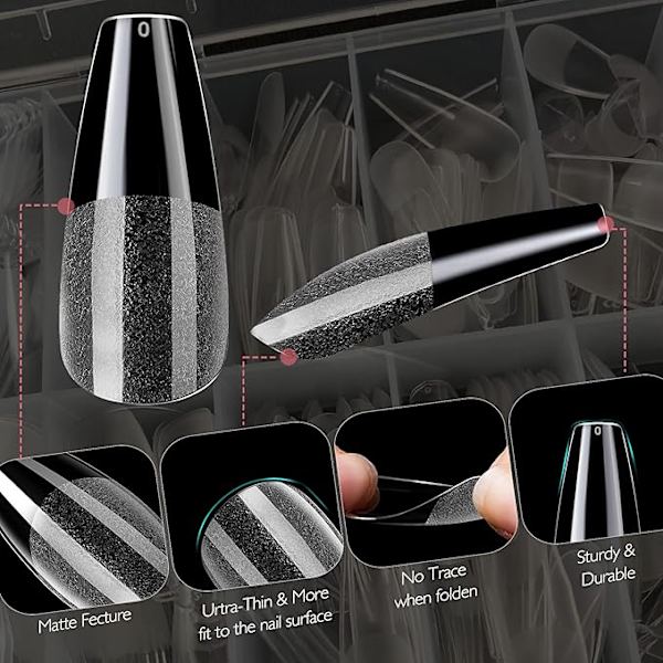 Nagelspetsar, mjuk gel full cover nagelspetsar kit för nagelförlängningar, klara akryllimspetsar utan fil falska franska nagelspetsar för nagelkonst Semi-matte-trapezoidal
