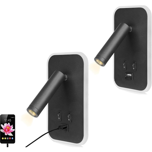 2 stk LED Vægslampe, Sengeborde Læselys, Justerbar Hovedgærde Vægskål, med USB Opladningsport og Afbryder, Sort