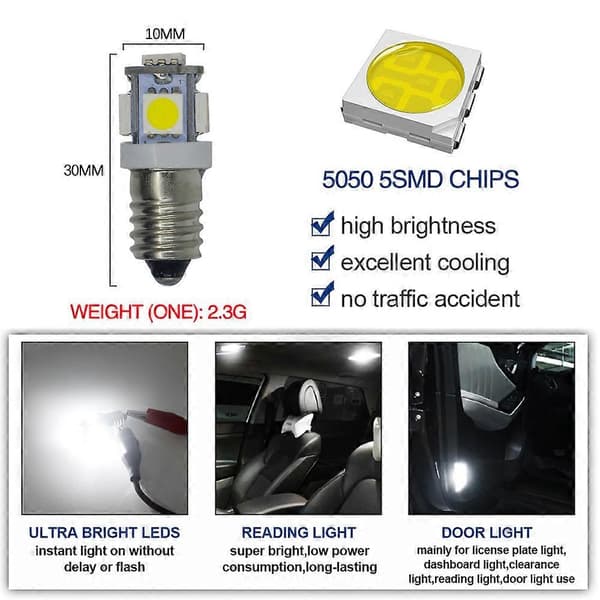 10st E10 12V Kallvit LED-lampor 5SMD 0.5W 50LM LampKallvit