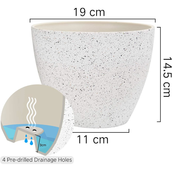 Kruka för utomhus- och inomhusbruk - 19 cm trädgårdskruka för terrass, uteplats, trädgård, prickig vit, 2-pack